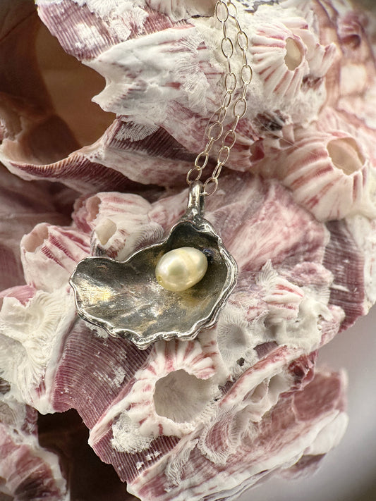 Oyster Shell and Pearl on Black Ribbon